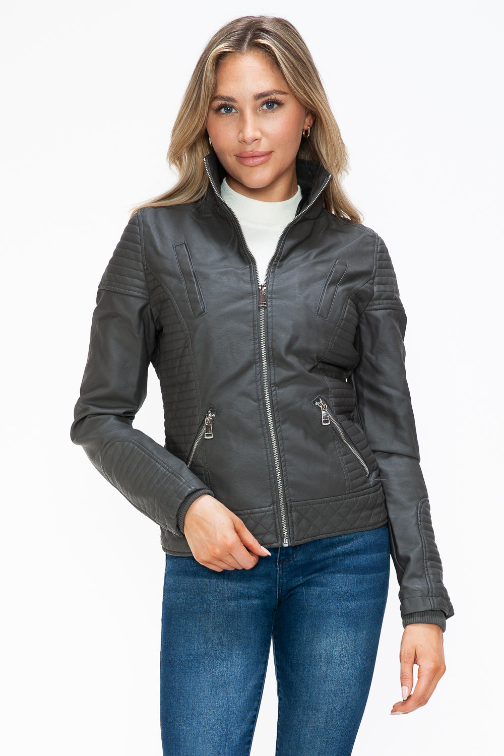 YMI Faux Layered Double-Zipper Jacket with Fuzzy Hood 15388 | Gulf Resellers