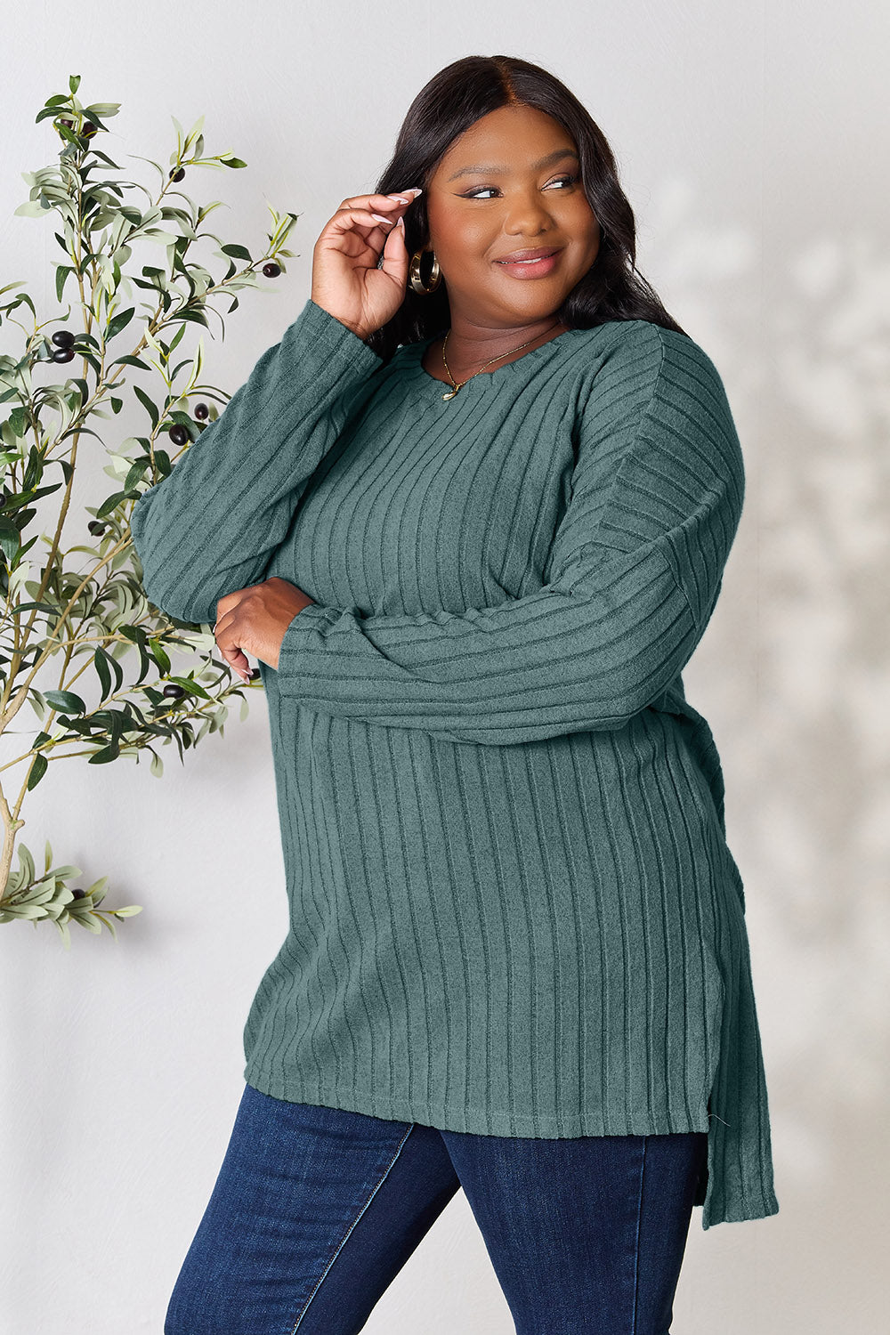 Basic Bae Full Size Ribbed Round Neck Long Sleeve Slit Top | Gulf Resellers