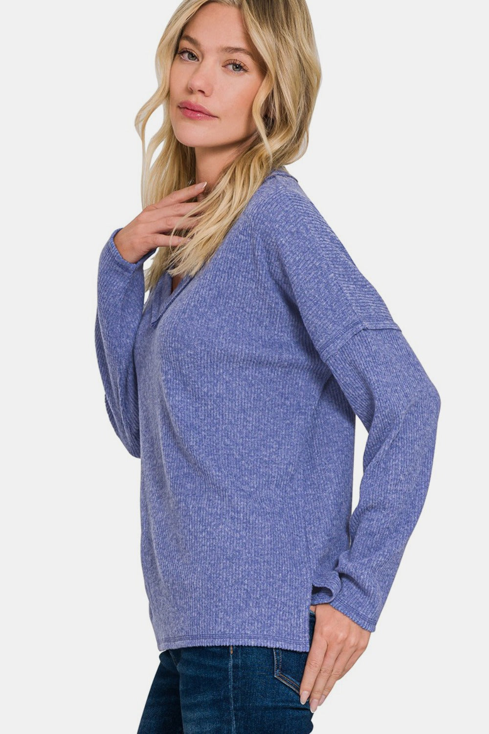 Zenana Full Size Ribbed V-Neck Drop Shoulder Top 18351 | Gulf Resellers