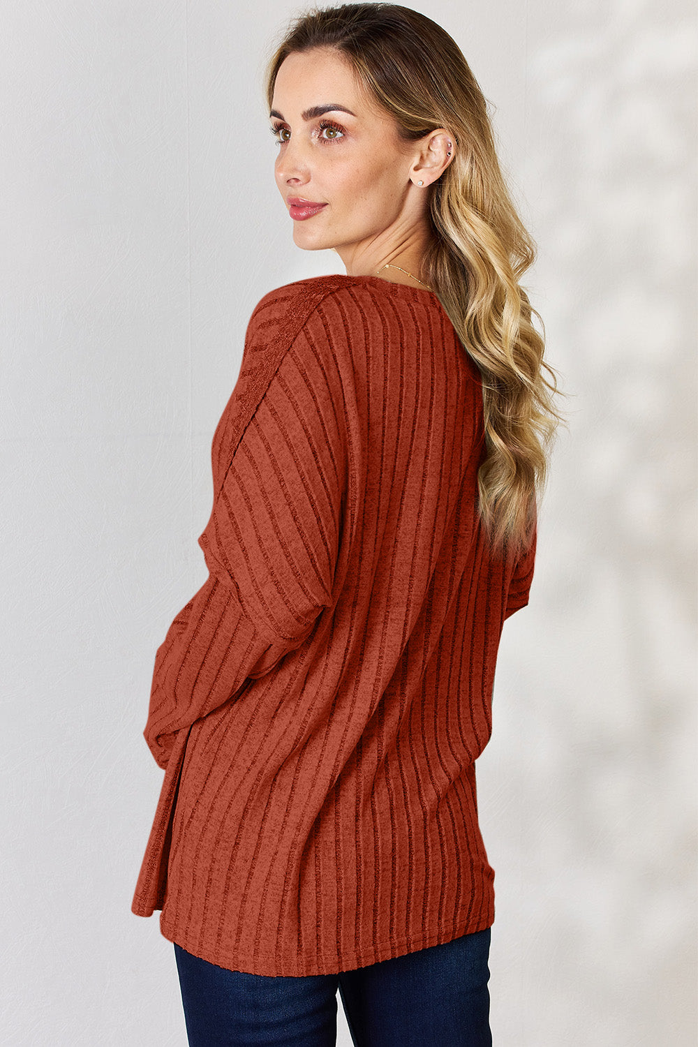 Basic Bae Full Size Ribbed Half Button Long Sleeve T-Shirt | Gulf Resellers