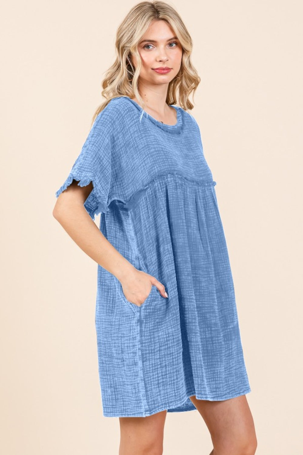 Culture Code Full Size Short Sleeve Babydoll Texture Dress with Pockets 9497 | Gulf Resellers