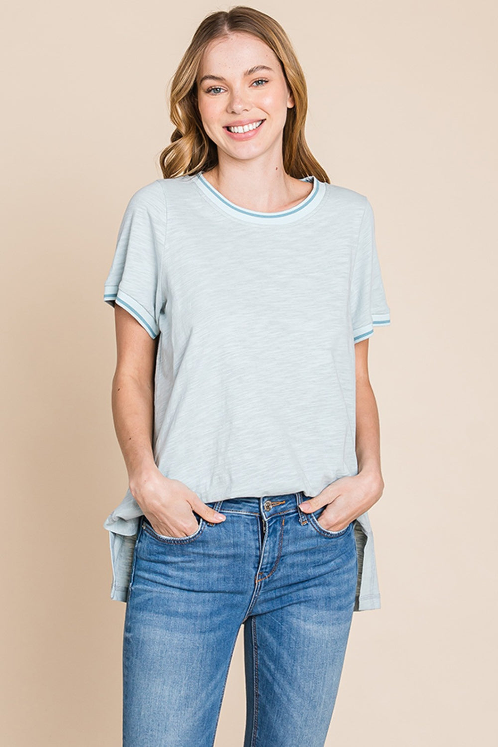 Cotton Bleu by Nu Lab Contrast Trim Short Sleeve Slit T-Shirt 7296 | Gulf Resellers