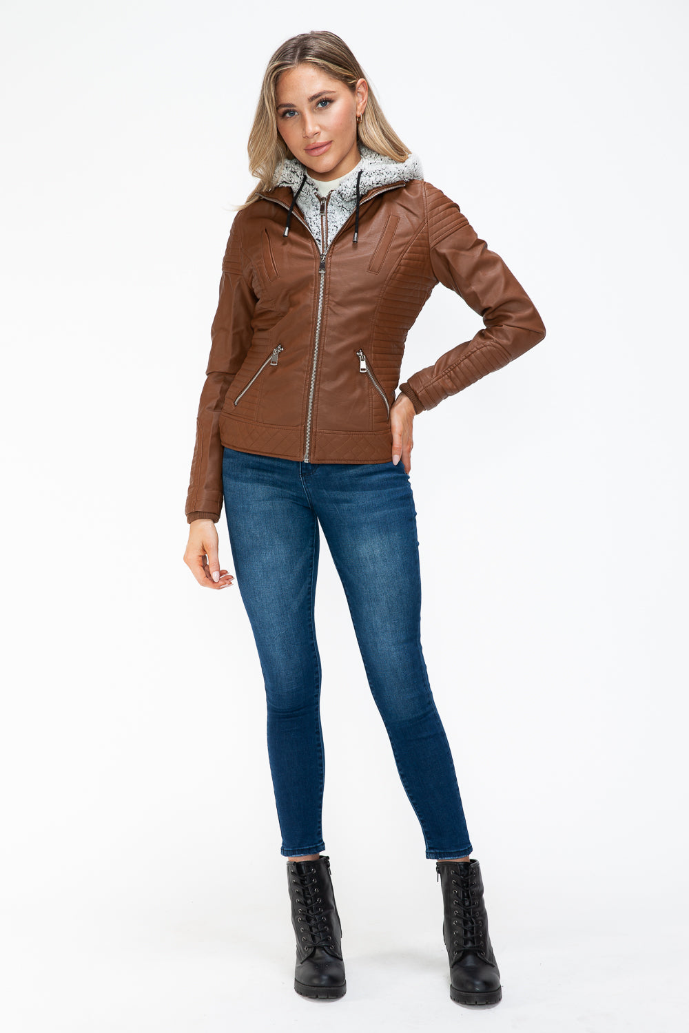 YMI Faux Layered Double-Zipper Jacket with Fuzzy Hood 15597 | Gulf Resellers