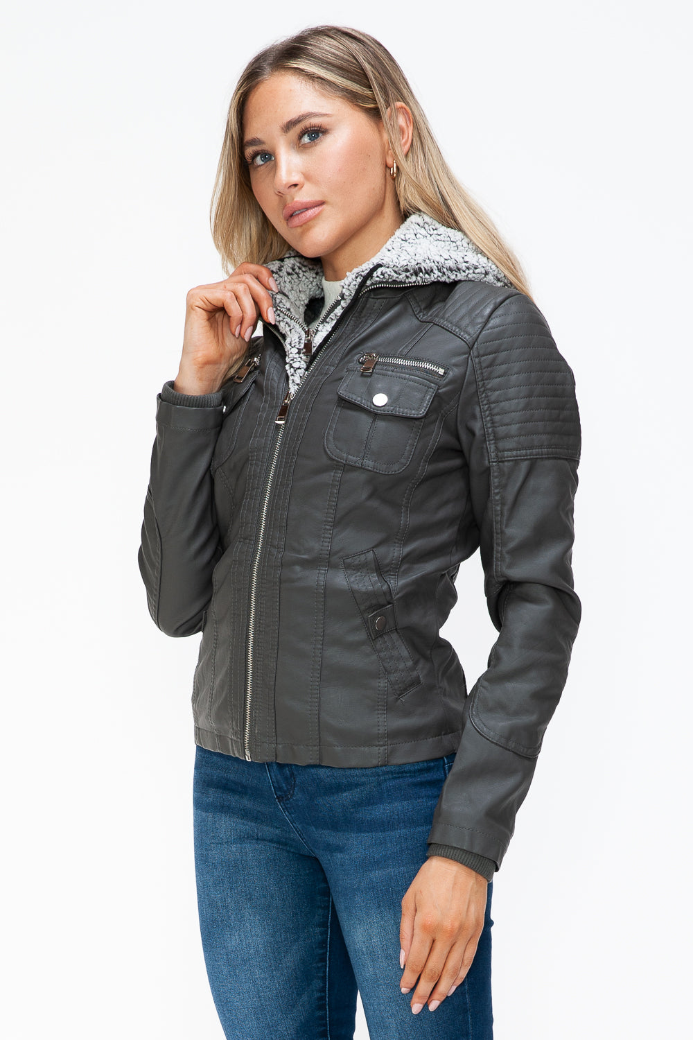 YMI Removable Faux Layered Multi-Pocket Jacket with Fuzzy Hood 15243 | Gulf Resellers