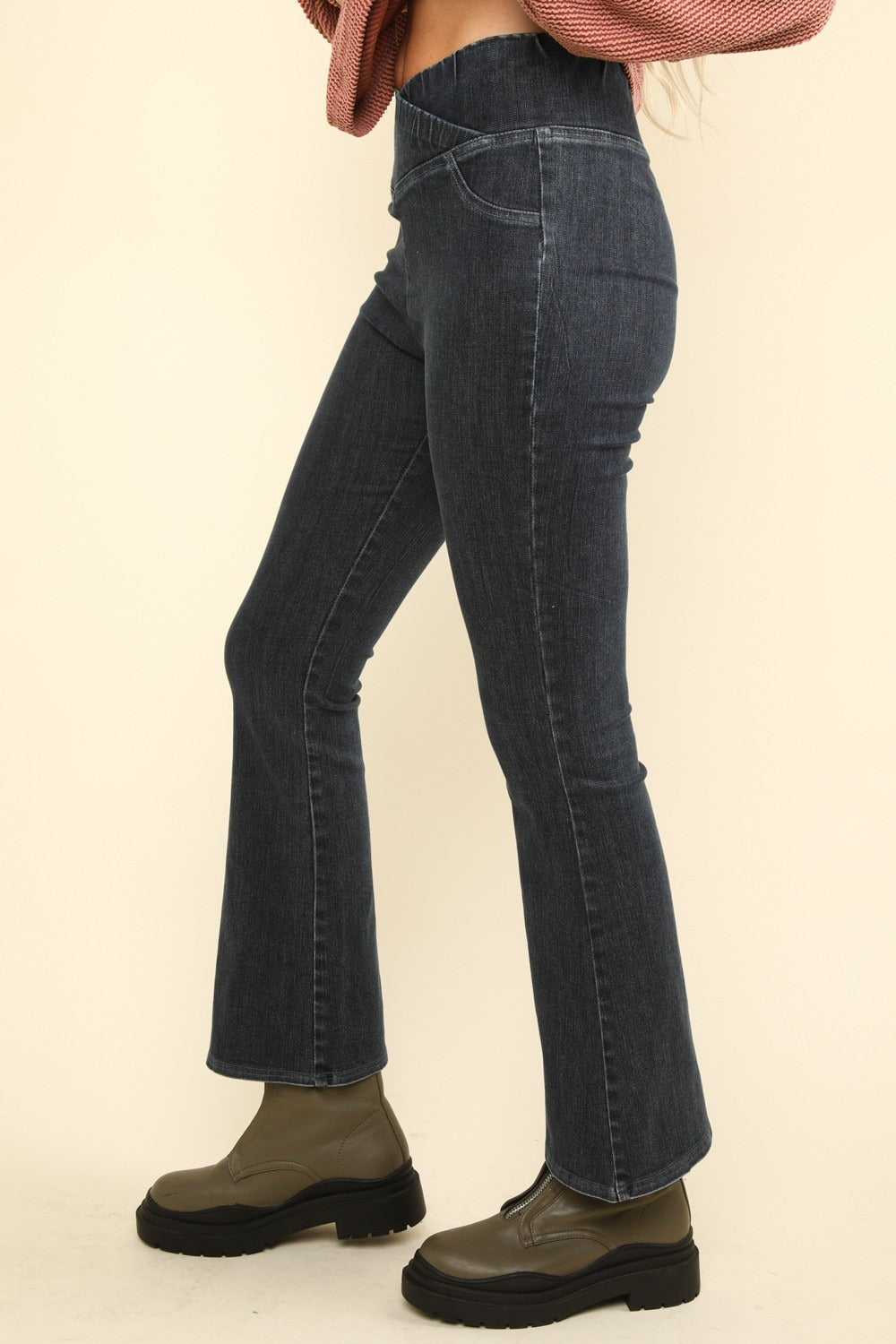 VERY J Washed Denim Stretchy Crossover Waist Leggings 11418 | Gulf Resellers