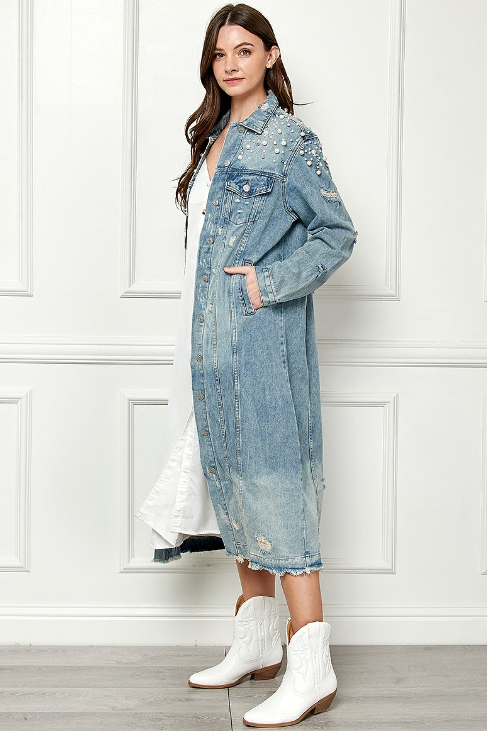 Veveret Full Size Distressed Raw Hem Pearl Detail Button Up Jacket 13477 | Gulf Resellers