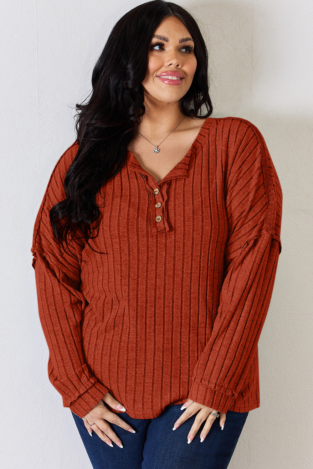 Basic Bae Full Size Ribbed Half Button Long Sleeve T-Shirt | Gulf Resellers