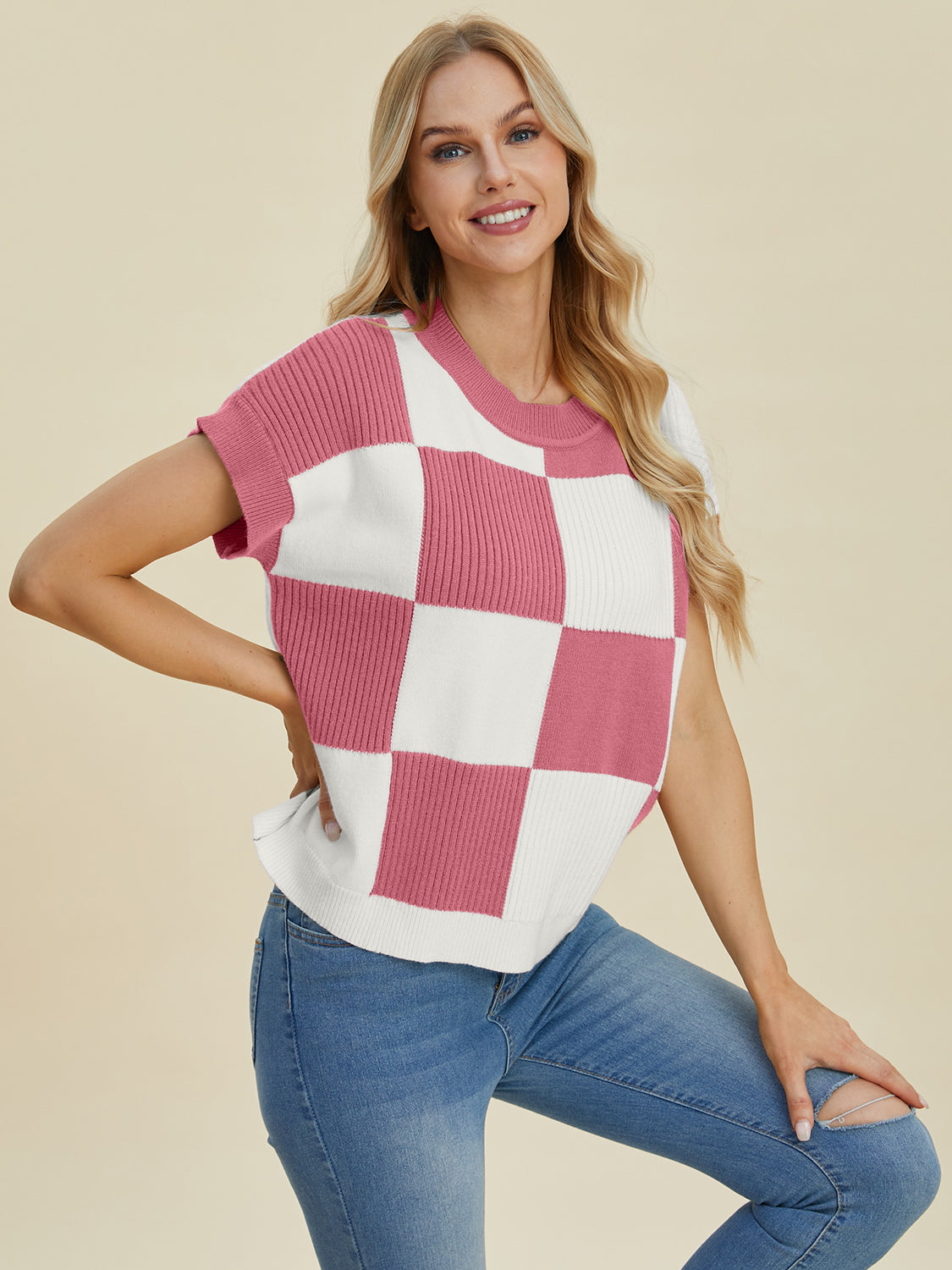 Double Take Full Size Checkered Round Neck Short Sleeve Sweater 8737 | Gulf Resellers