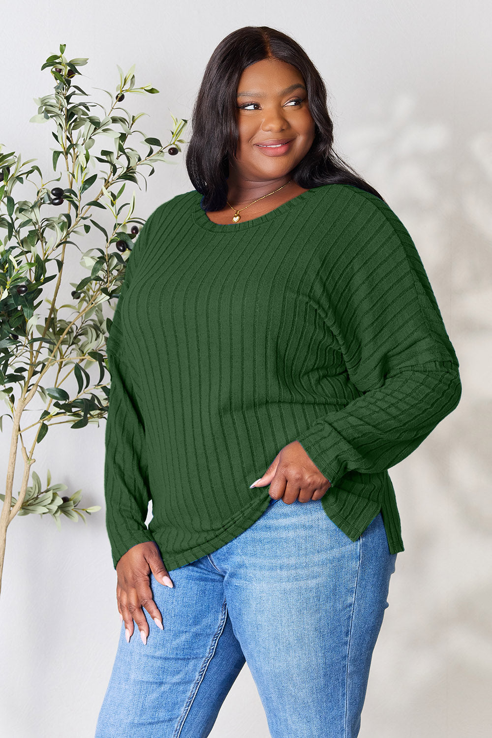 Basic Bae Full Size Ribbed Round Neck Slit Knit Top | Gulf Resellers
