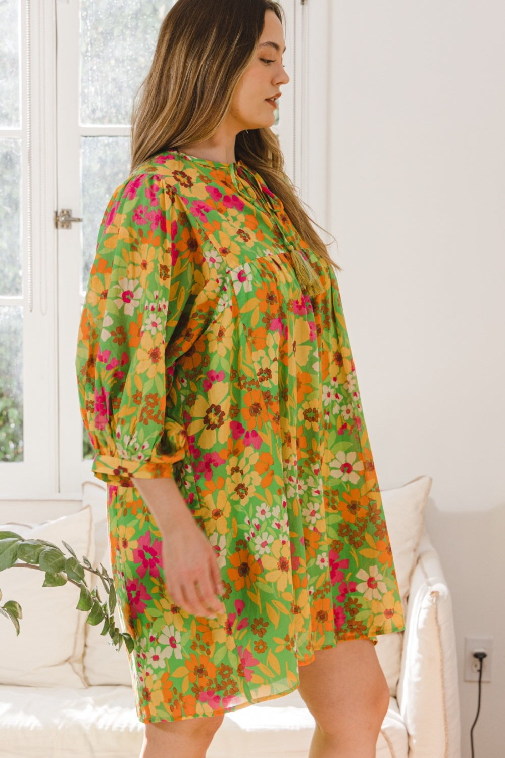 ODDI Full Size Floral Tied Neck Mini Dress 6002 | Gulf Resellers