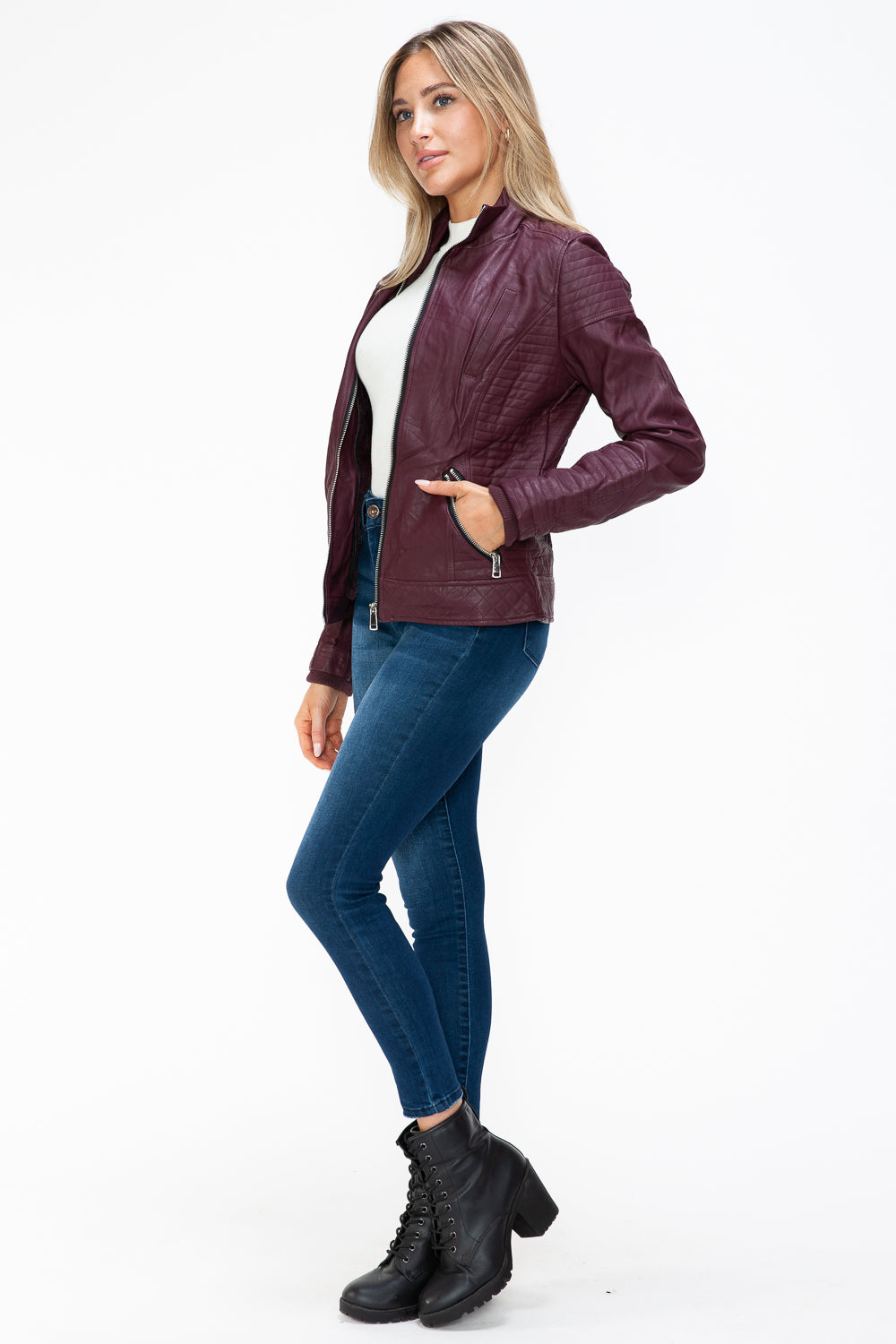 YMI Faux Layered Double-Zipper Jacket with Fuzzy Hood 15736 | Gulf Resellers