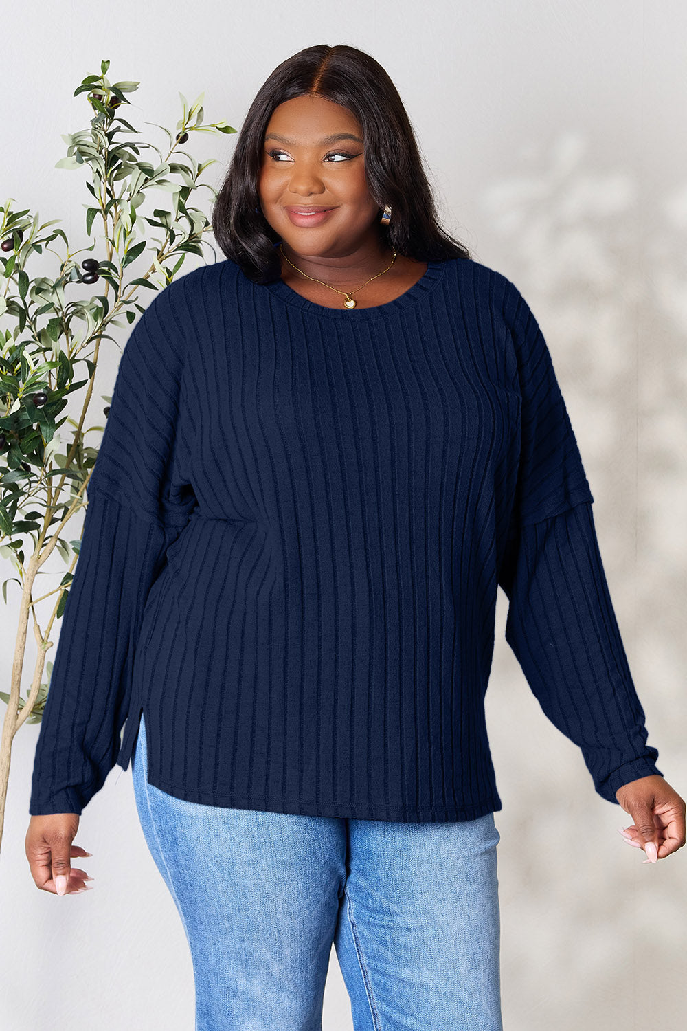 Basic Bae Full Size Ribbed Round Neck Slit Knit Top | Gulf Resellers