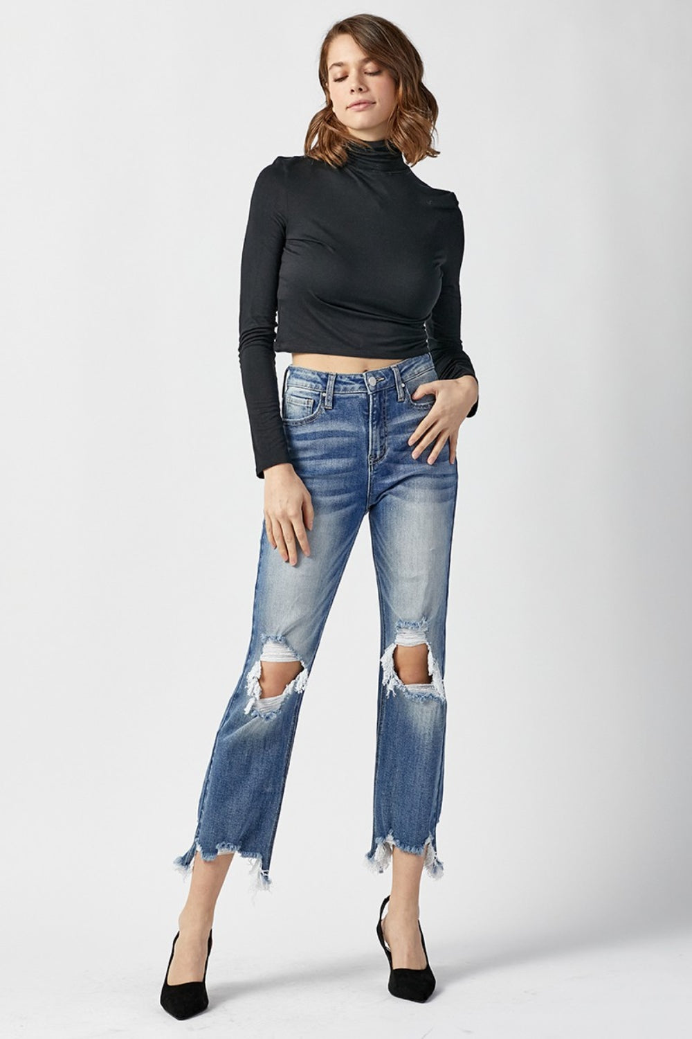 RISEN High Waist Distressed Frayed Hem Cropped Straight Jeans | Gulf Resellers