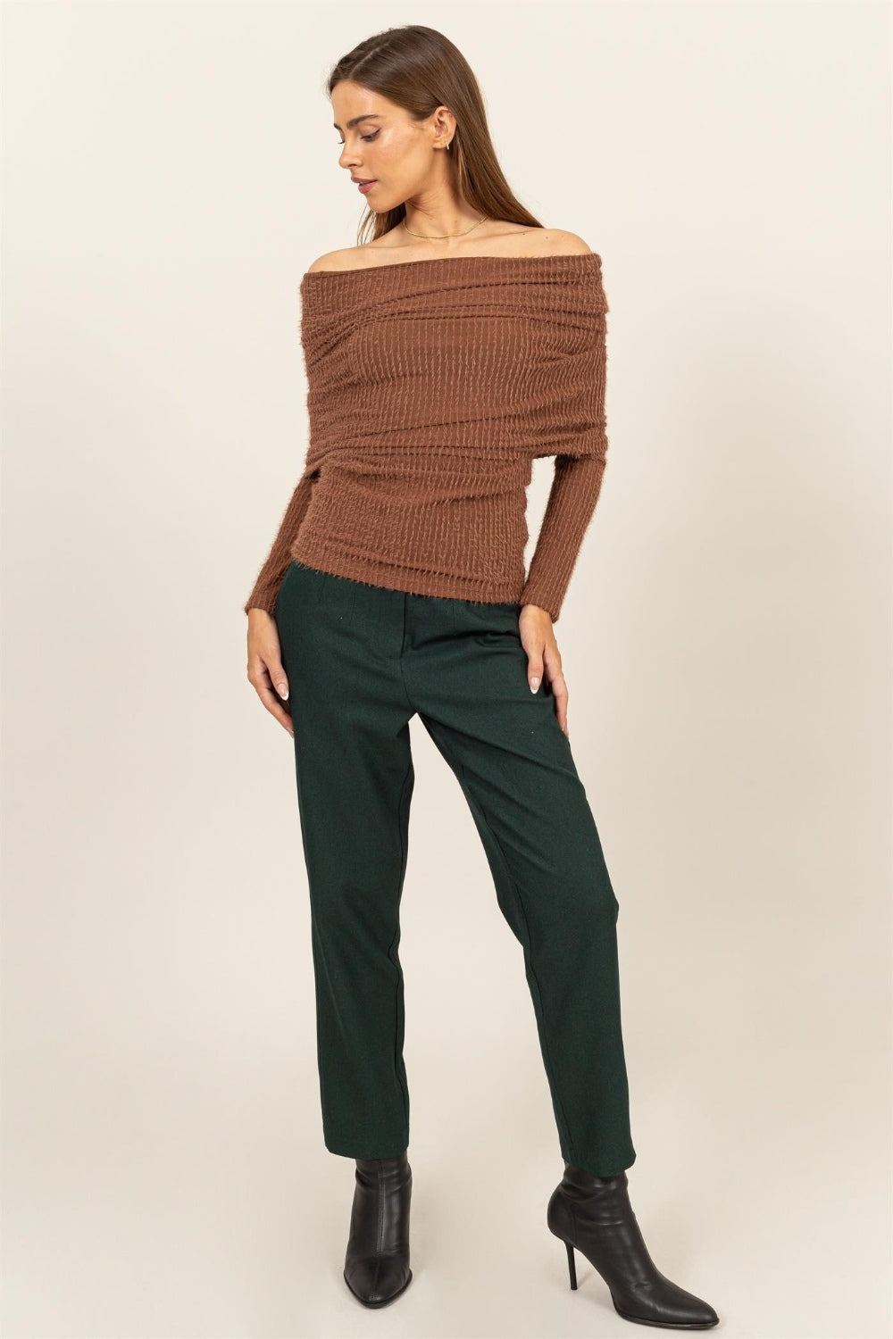 HYFVE Fuzzy Off Shoulder Textured Knit Top 8933 | Gulf Resellers