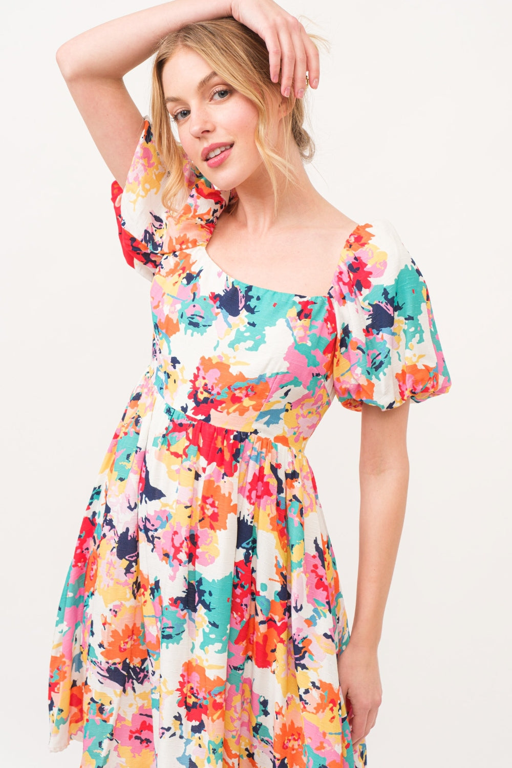 And The Why Square Neck Puff Sleeve Floral Dress 6016 | Gulf Resellers