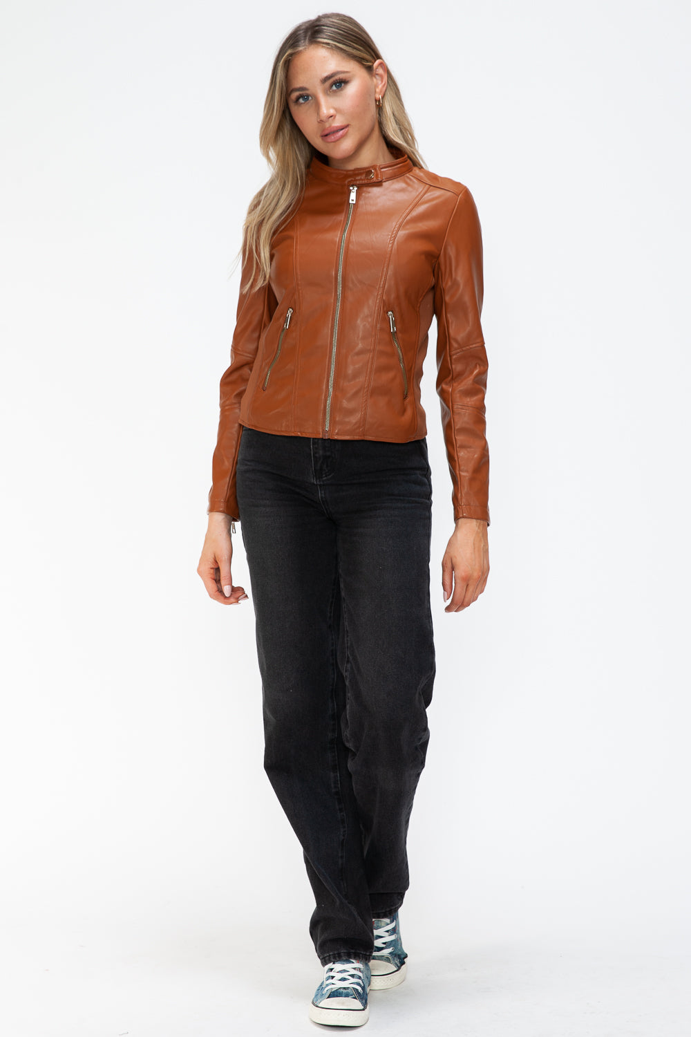 Snobbish Faux Leather Zip Up Drawstring Hooded Jacket 16018 | Gulf Resellers