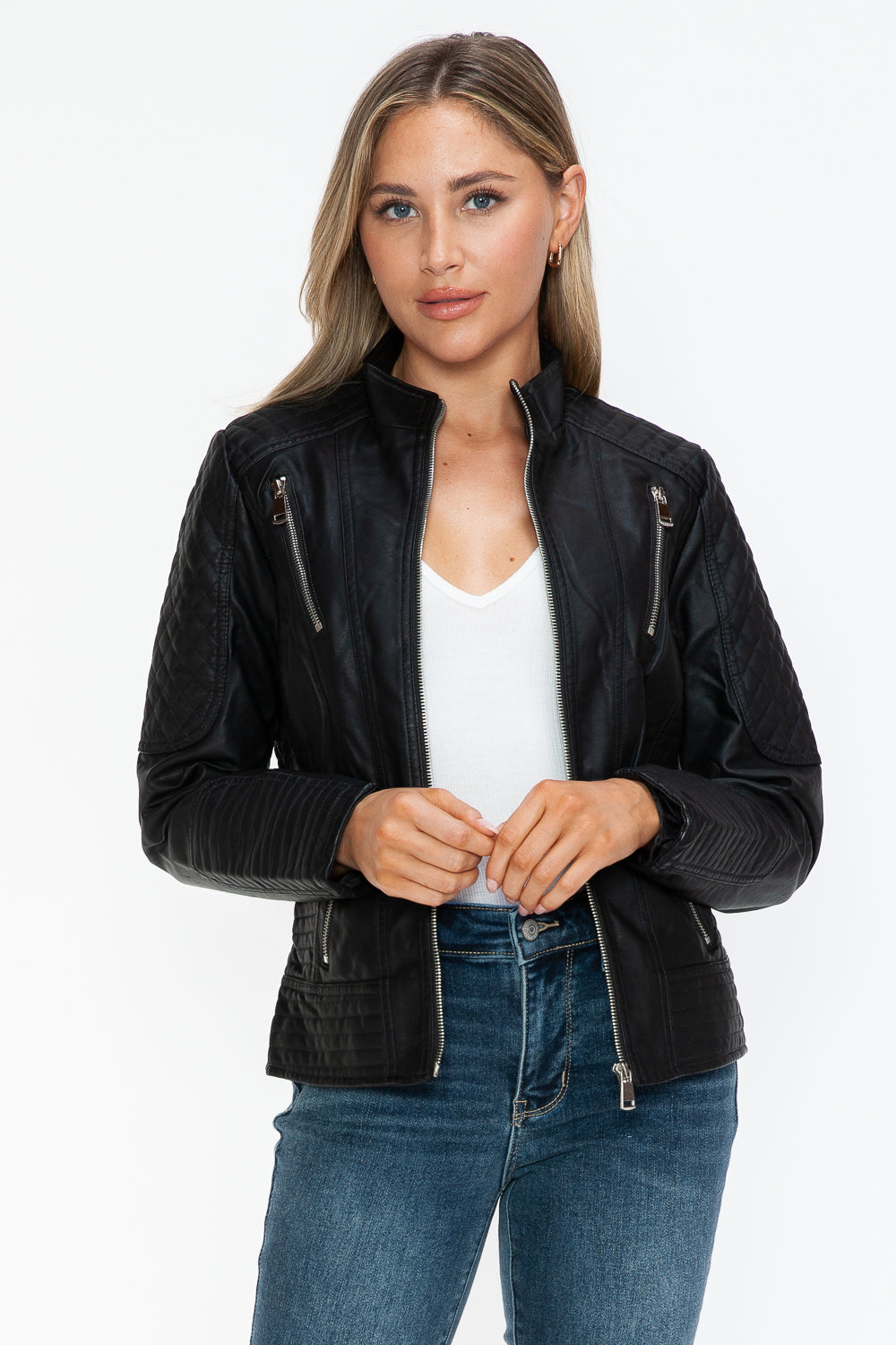 Snobbish Faux Leather Zip Up Mock Neck Jacket 16081 | Gulf Resellers