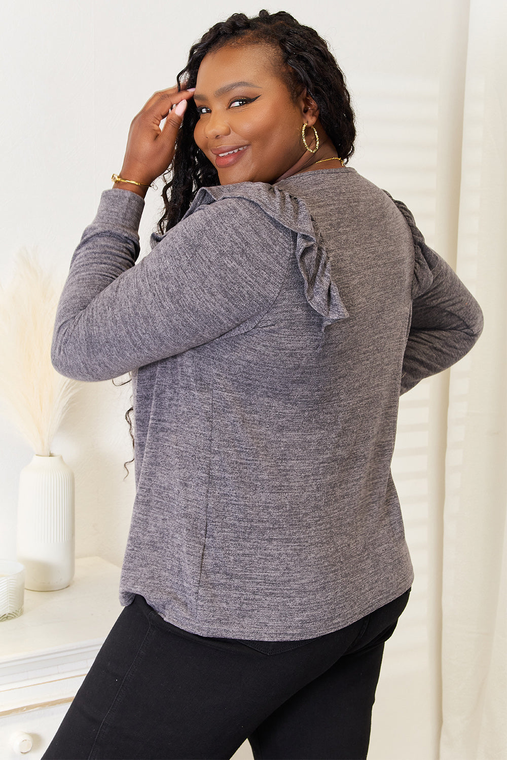 Double Take Square Neck Ruffle Shoulder Long Sleeve T-Shirt | Gulf Resellers