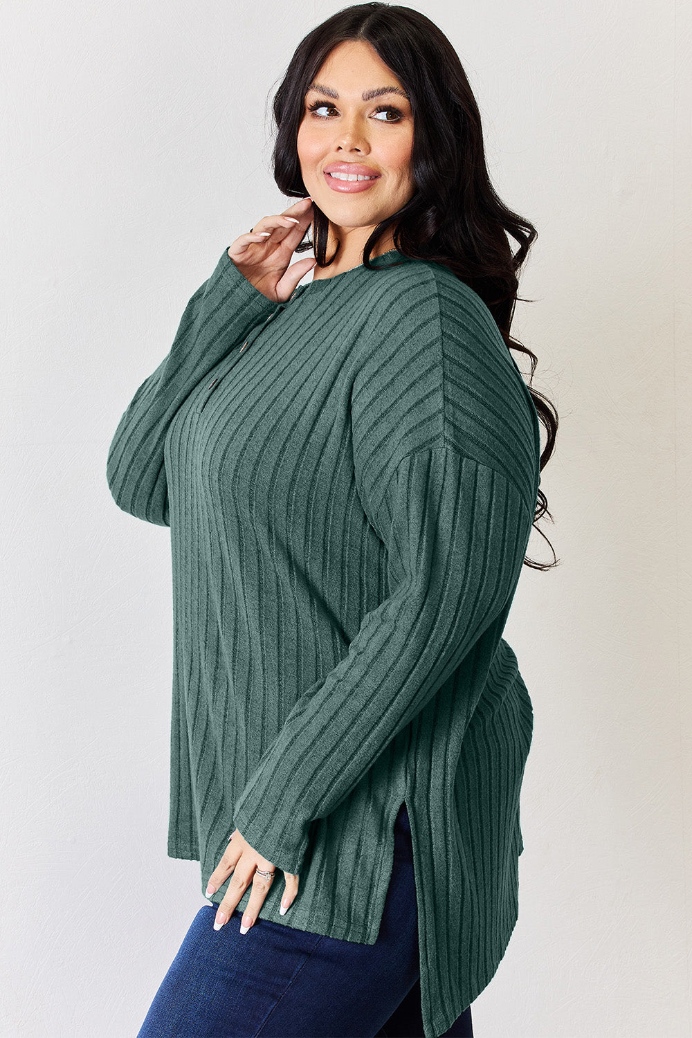 Basic Bae Full Size Ribbed Half Button Long Sleeve High-Low T-Shirt | Gulf Resellers