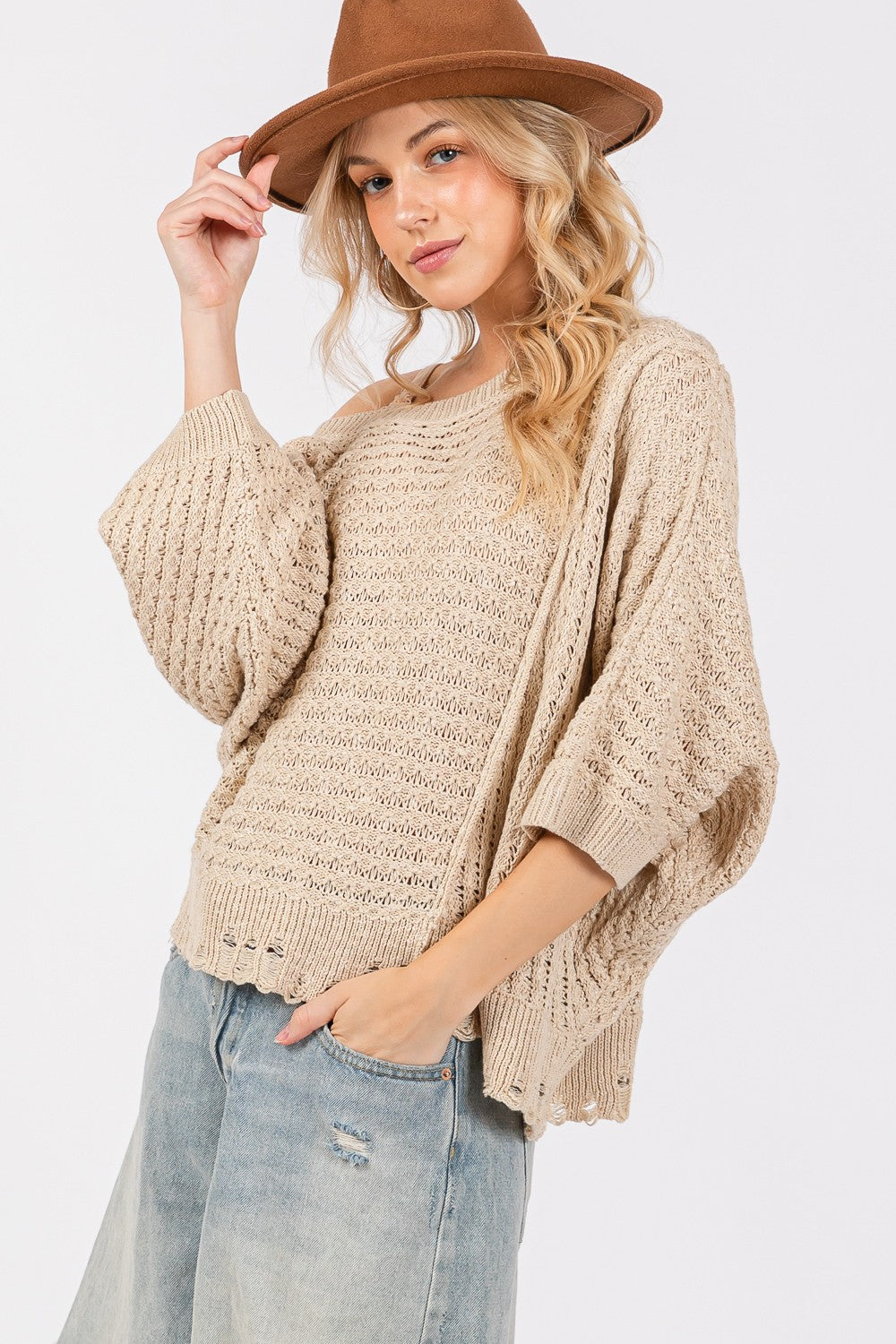 SAGE + FIG Distressed Asymmetrical Open Stitch Sweater 9134 | Gulf Resellers