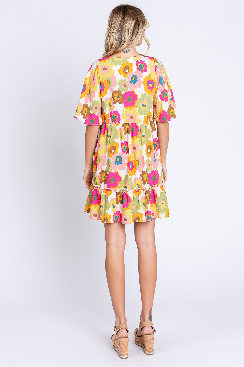 GeeGee Floral V-Neck Ruffle Hem Mini Dress 5284 | Gulf Resellers