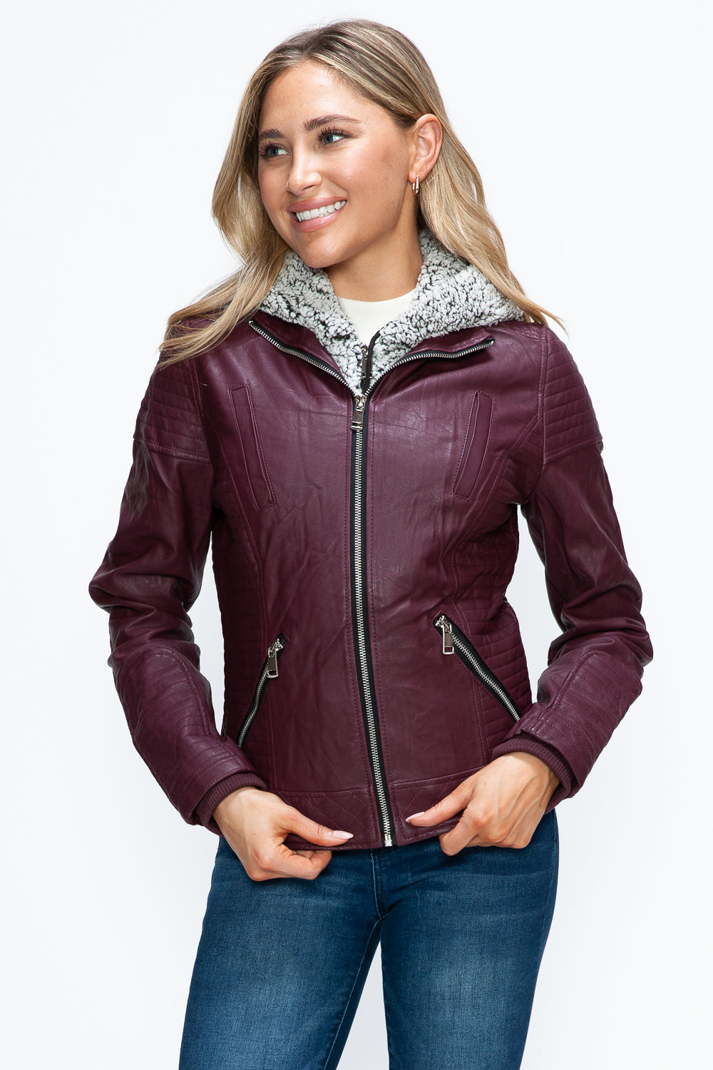 YMI Faux Layered Double-Zipper Jacket with Fuzzy Hood 15726 | Gulf Resellers