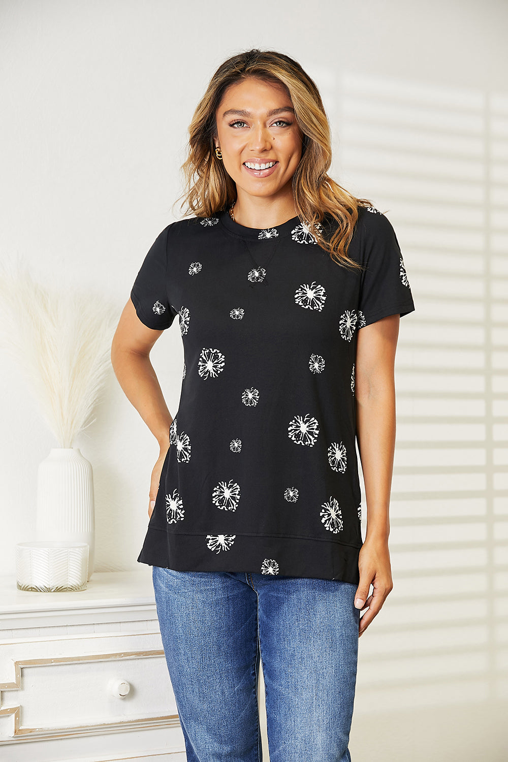 Double Take Dandelion Print Round Neck T-Shirt | Gulf Resellers