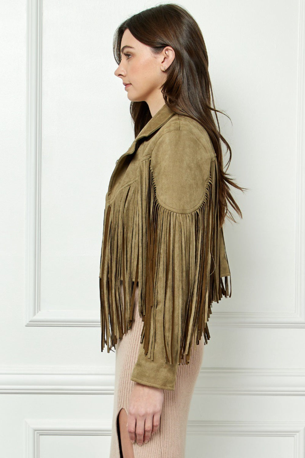 Veveret Suede Fringe Long Sleeve Moto Jacket 12583 | Gulf Resellers