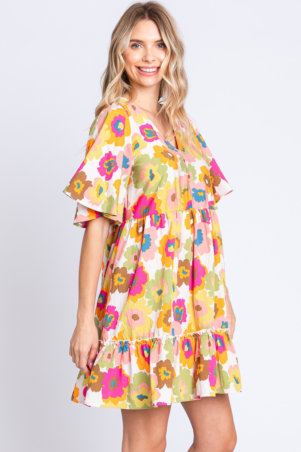 GeeGee Floral V-Neck Ruffle Hem Mini Dress 5282 | Gulf Resellers
