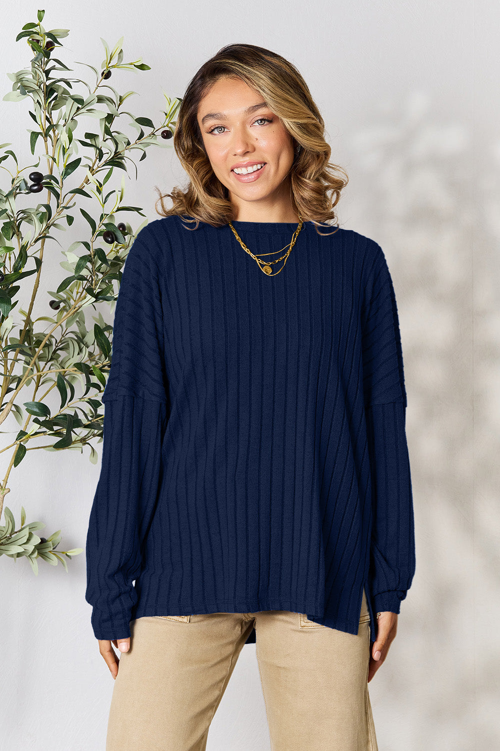Basic Bae Full Size Ribbed Round Neck Slit Knit Top | Gulf Resellers