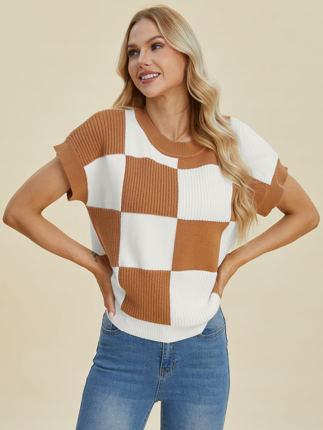Double Take Full Size Checkered Round Neck Short Sleeve Sweater 8740 | Gulf Resellers