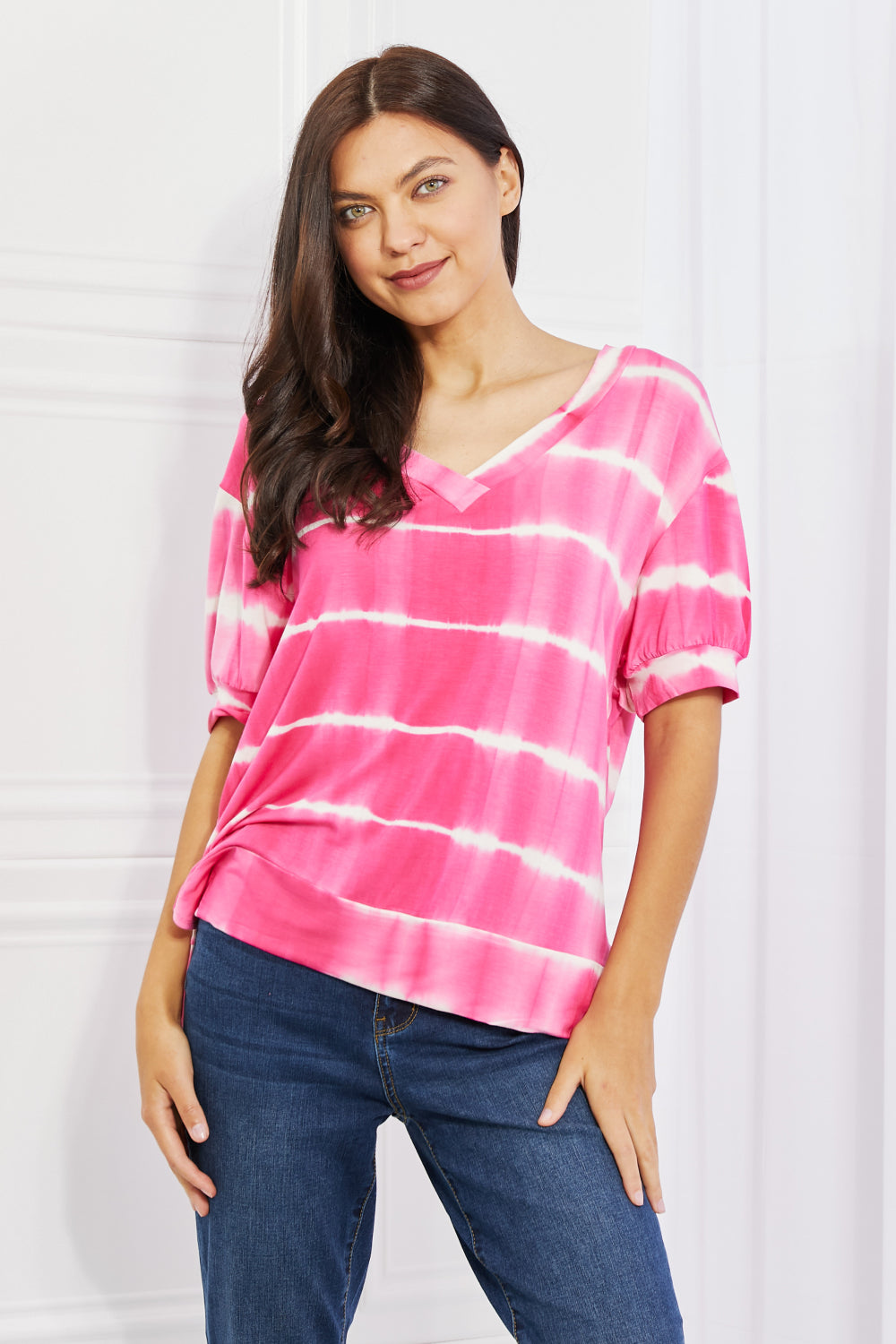 Yelete Full Size Oversized Fit V-Neck Striped Top | Gulf Resellers