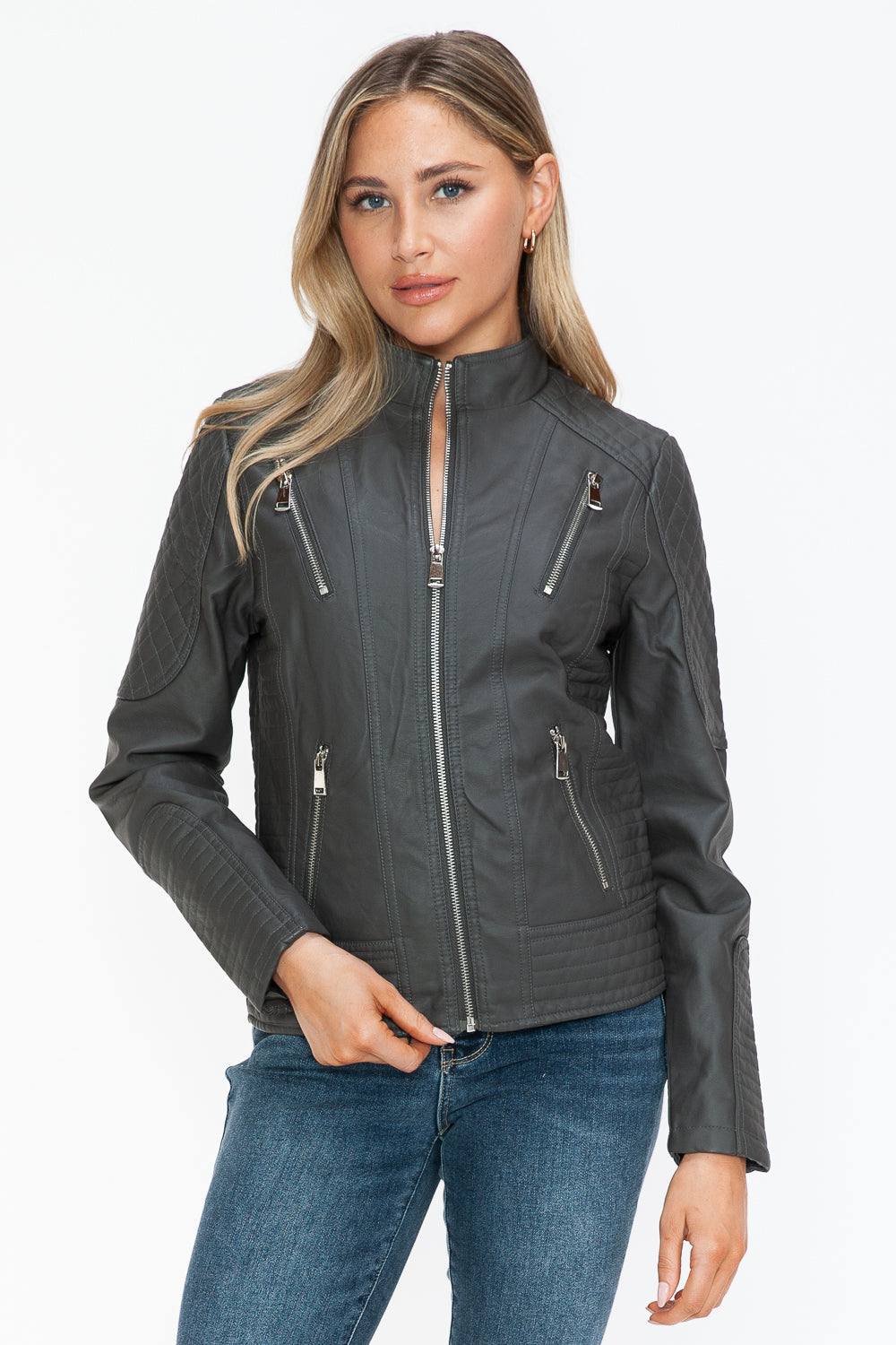 Snobbish Faux Leather Zip Up Mock Neck Jacket 15221 | Gulf Resellers