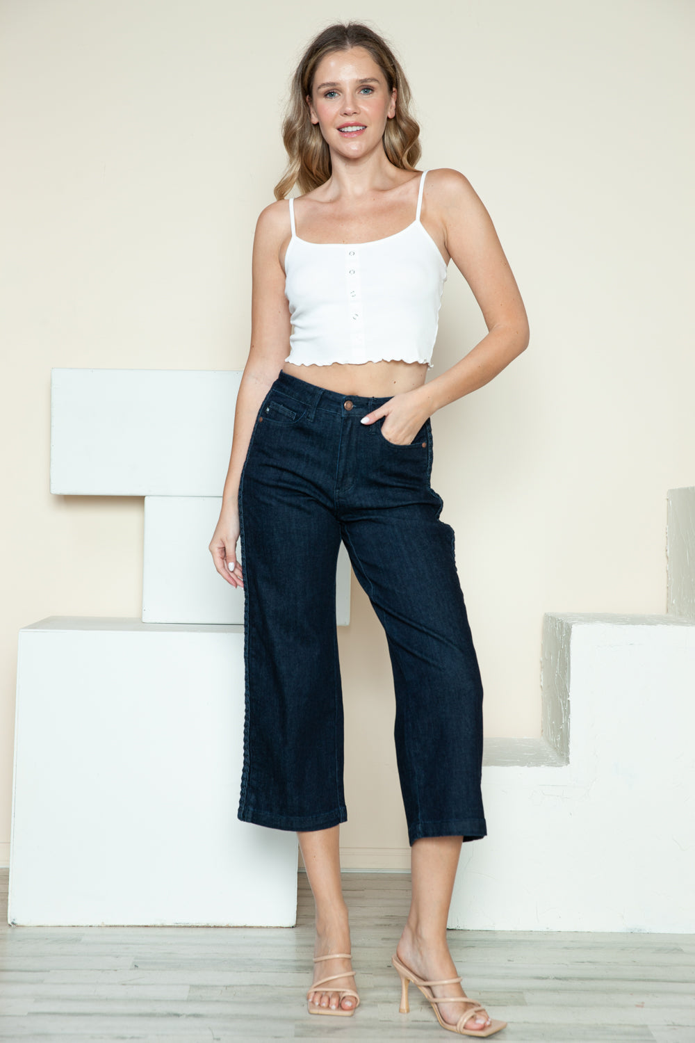 Judy Blue Full Size Side Seam Braid Detail Crop Wide Leg Jeans 10639 | Gulf Resellers
