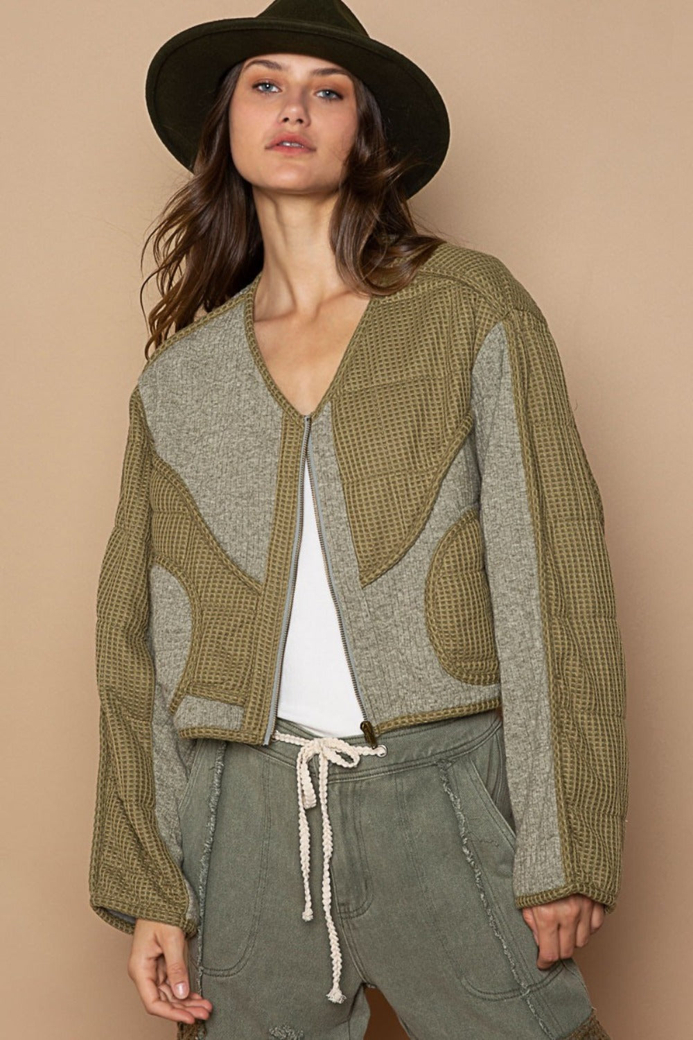 POL Quilted Knit Viding Detail Knit Patch Jacket 13075 | Gulf Resellers