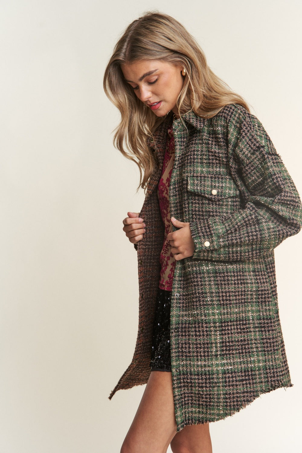 J.NNA Snap Down Tweed Plaid Contrast Longline Shacket 13043 | Gulf Resellers