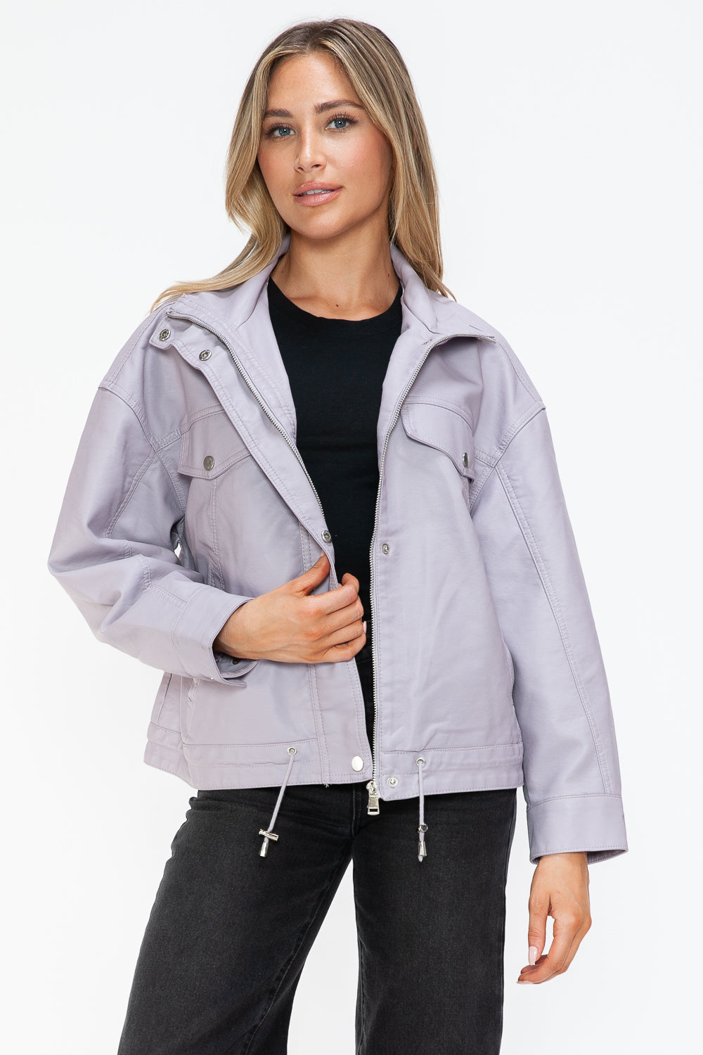 How Dare U Drawstring Hem PU Leather Zip Up Jacket 15450 | Gulf Resellers