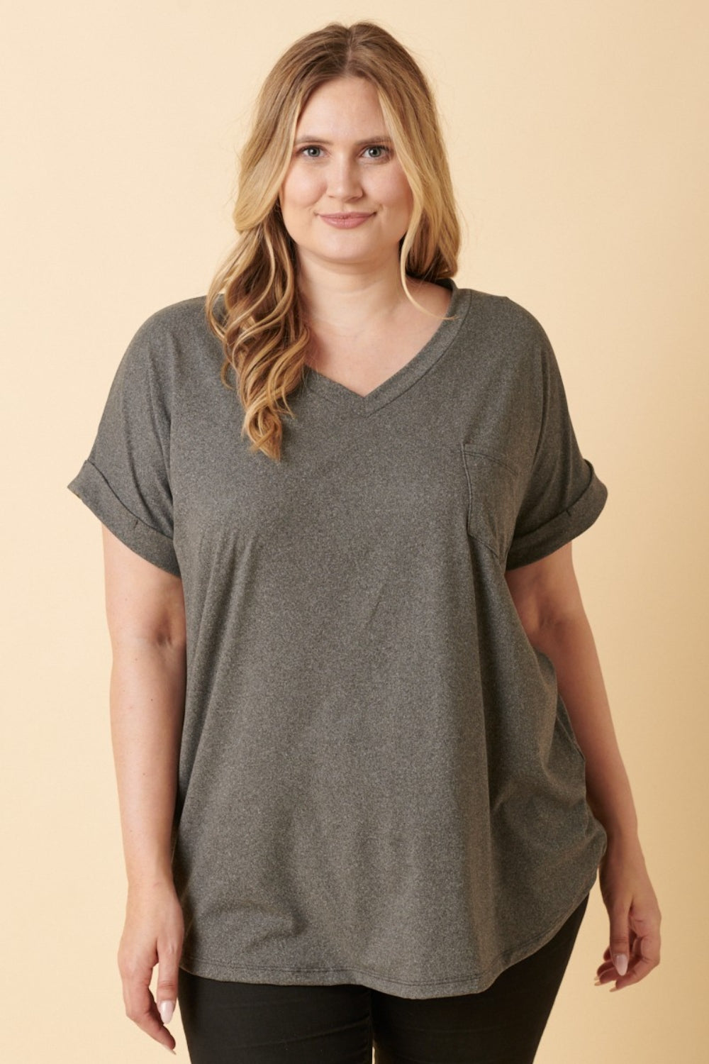 Mittoshop Full Size V-Neck Rolled Short Sleeve T-Shirt | Gulf Resellers