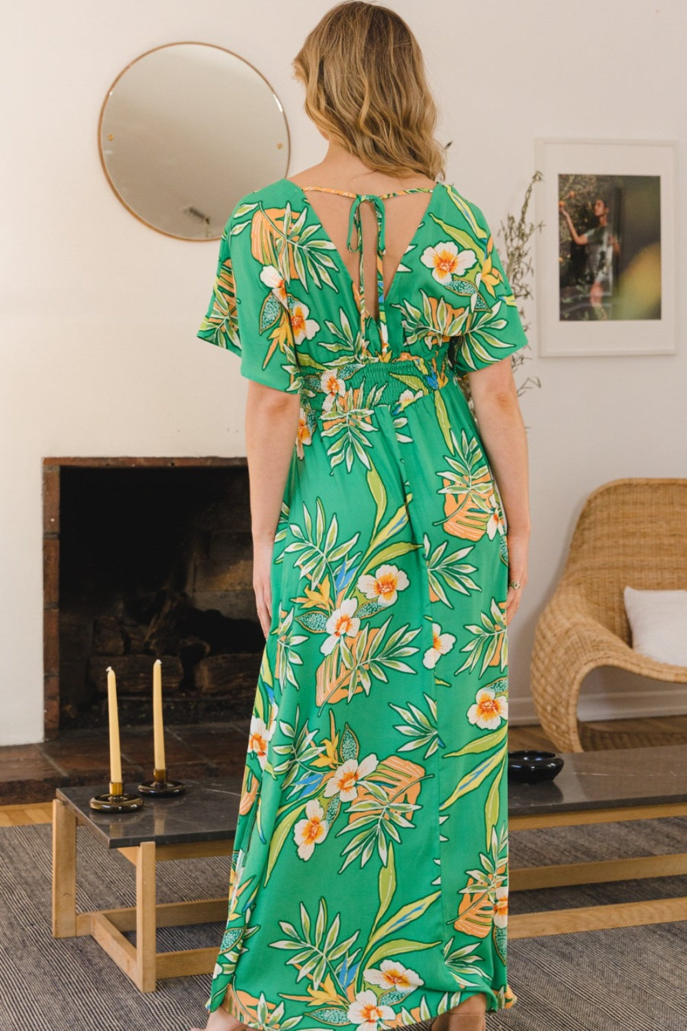 ODDI Full Size Floral Smocked Tied Back Maxi Dress 6522 | Gulf Resellers