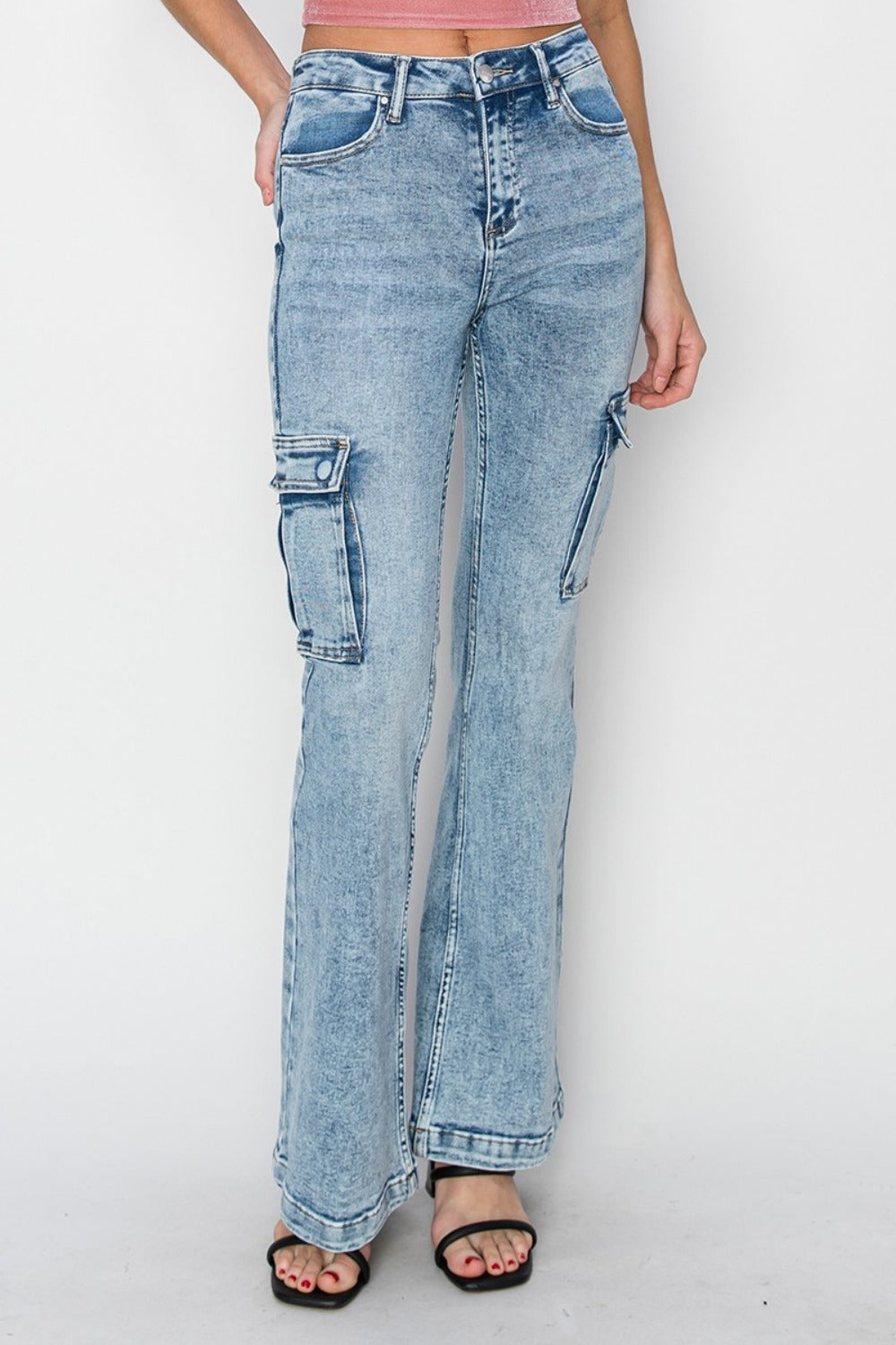 RISEN Full Size High Rise Cargo Flare Jeans 11084 | Gulf Resellers