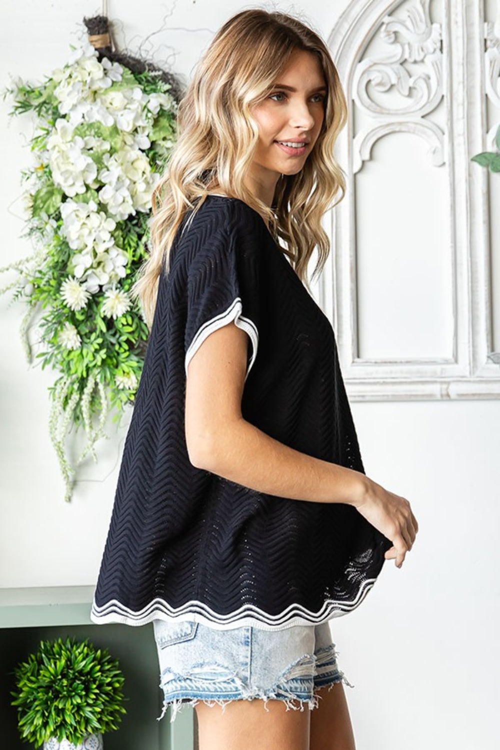 First Love Full Size Contrast Wavy Crochet Drop Shoulder Knit Top 8350 | Gulf Resellers