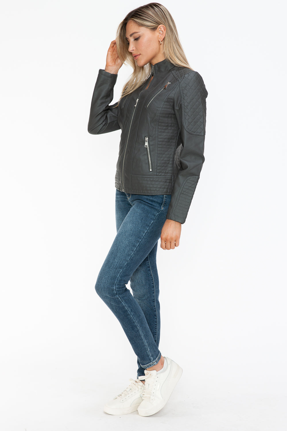 Snobbish Faux Leather Zip Up Mock Neck Jacket 15224 | Gulf Resellers