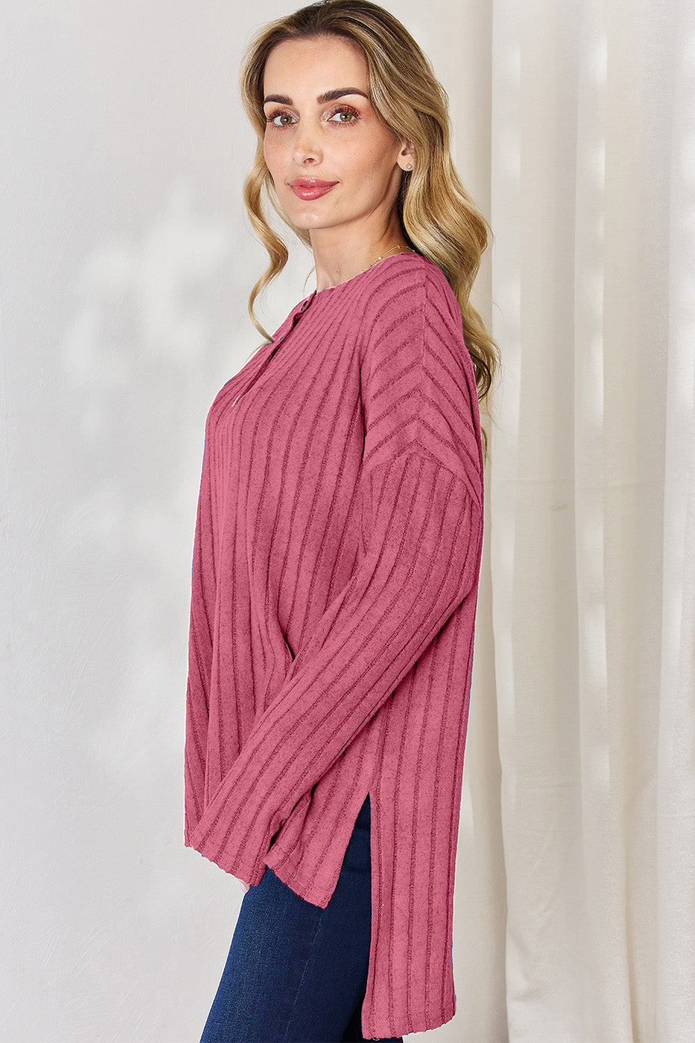 Basic Bae Full Size Ribbed Half Button Long Sleeve High-Low T-Shirt | Gulf Resellers