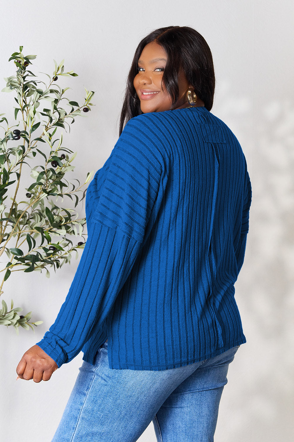 Basic Bae Full Size Ribbed Round Neck Slit Knit Top | Gulf Resellers