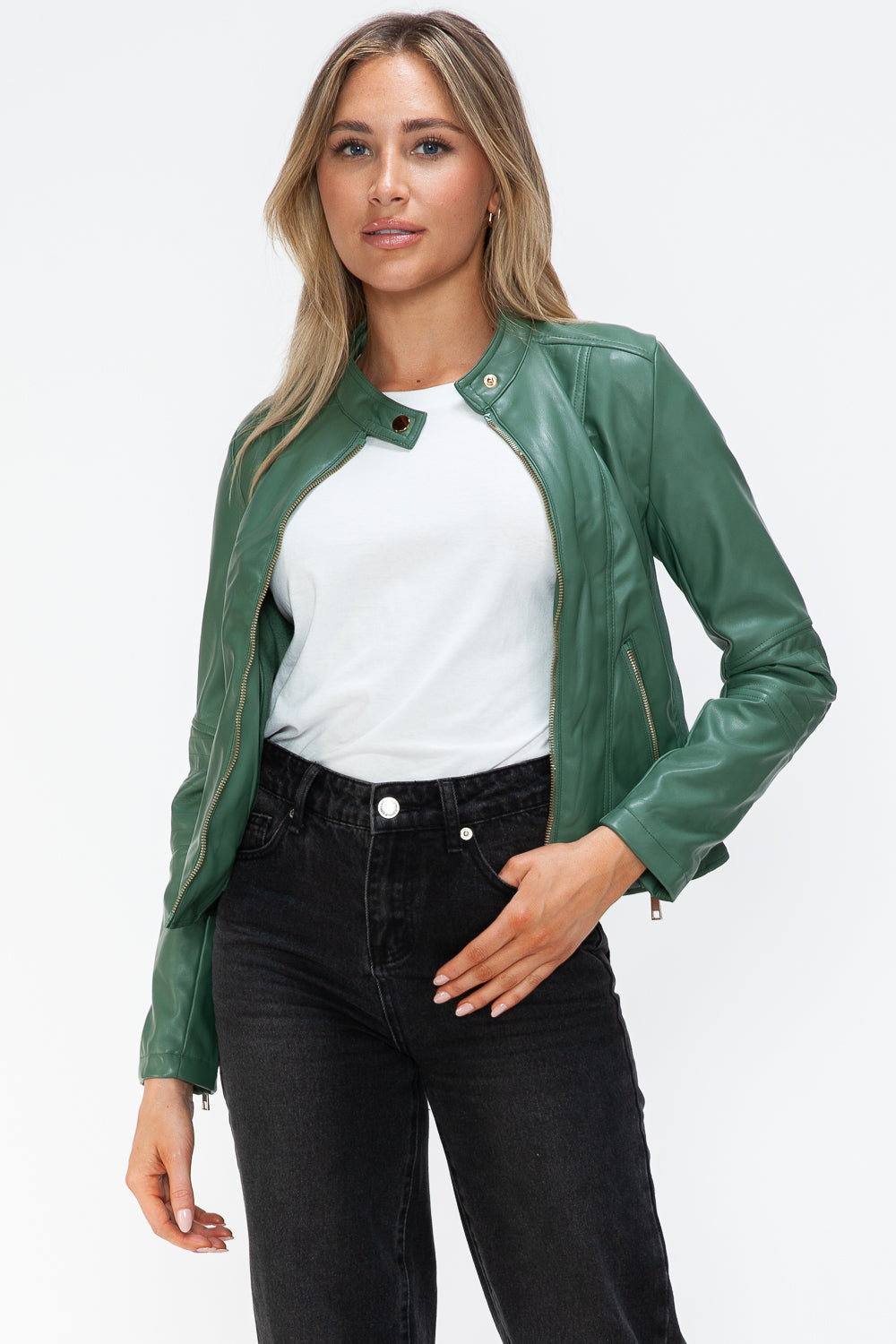 Snobbish Faux Leather Zip Up Drawstring Hooded Jacket 15851 | Gulf Resellers
