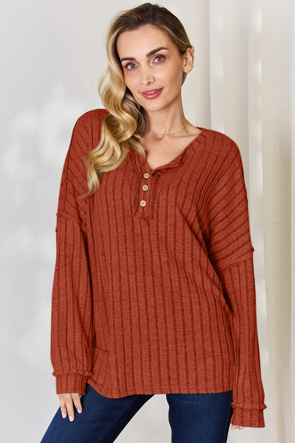Basic Bae Full Size Ribbed Half Button Long Sleeve T-Shirt | Gulf Resellers
