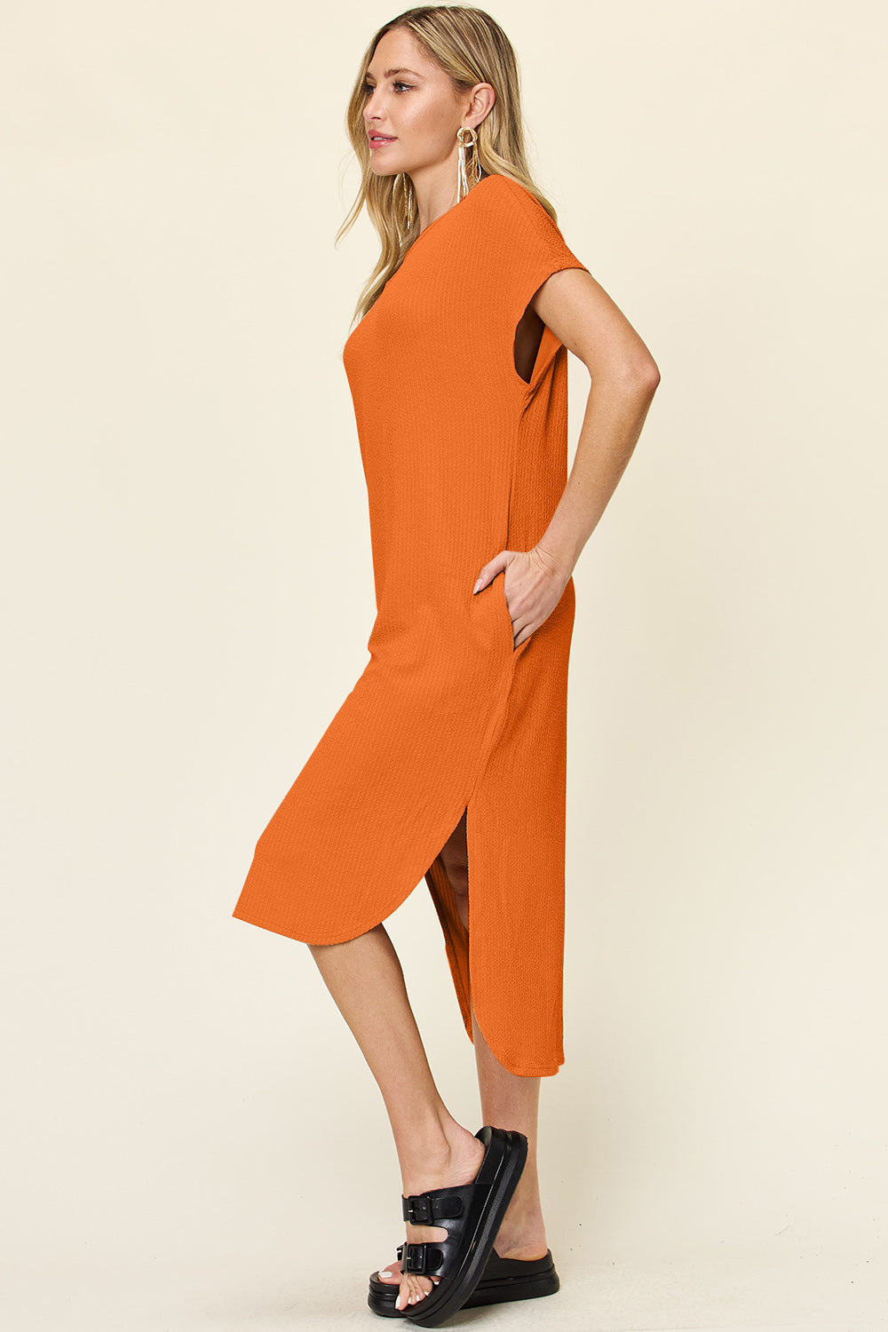 Double Take Full Size Round Neck Short Sleeve Slit Dress 5473 | Gulf Resellers