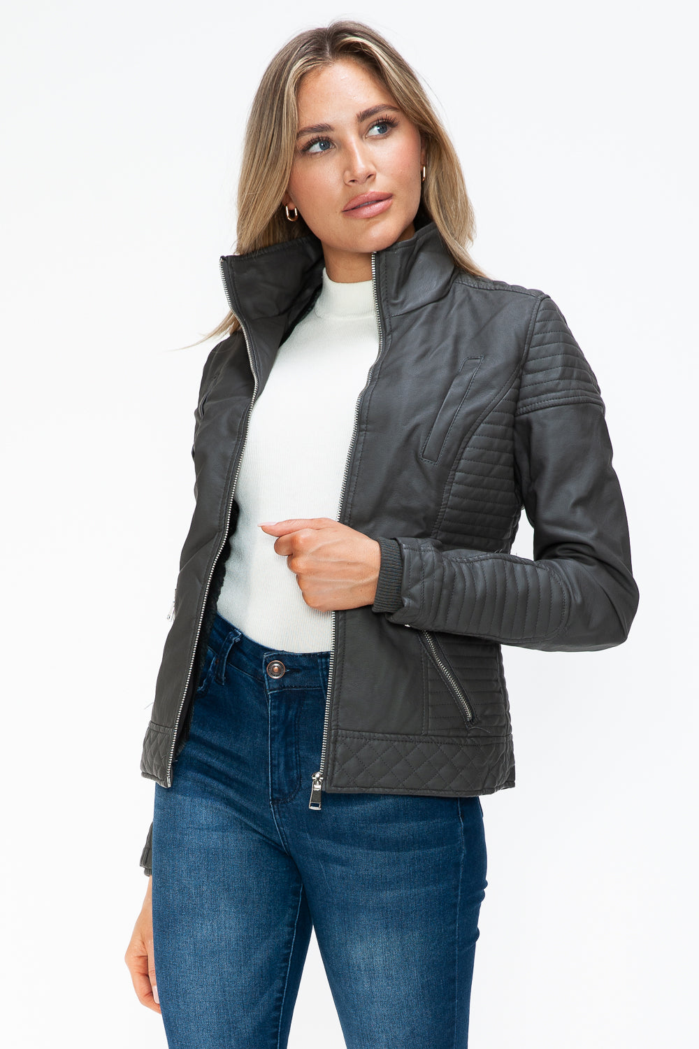 YMI Faux Layered Double-Zipper Jacket with Fuzzy Hood 15396 | Gulf Resellers