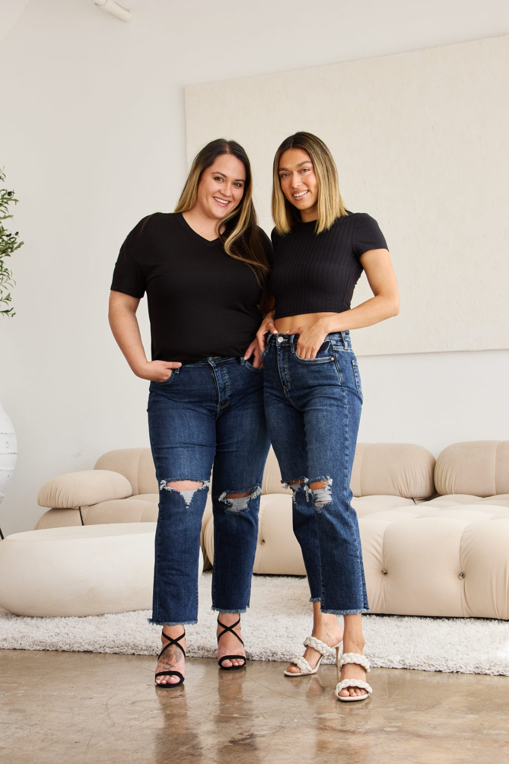 RFM Crop Dylan Full Size Tummy Control Distressed High Waist Raw Hem Jeans 4907 | Gulf Resellers