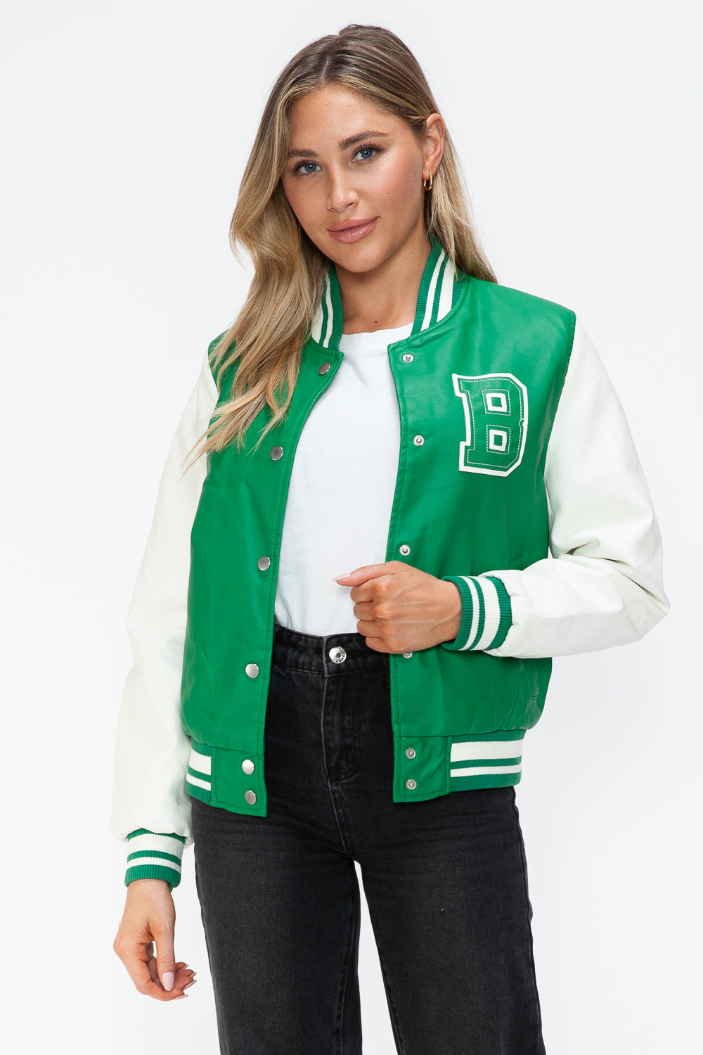 Love Me Now PU Leather Contrast Snap Down Bomber Jacket 15772 | Gulf Resellers